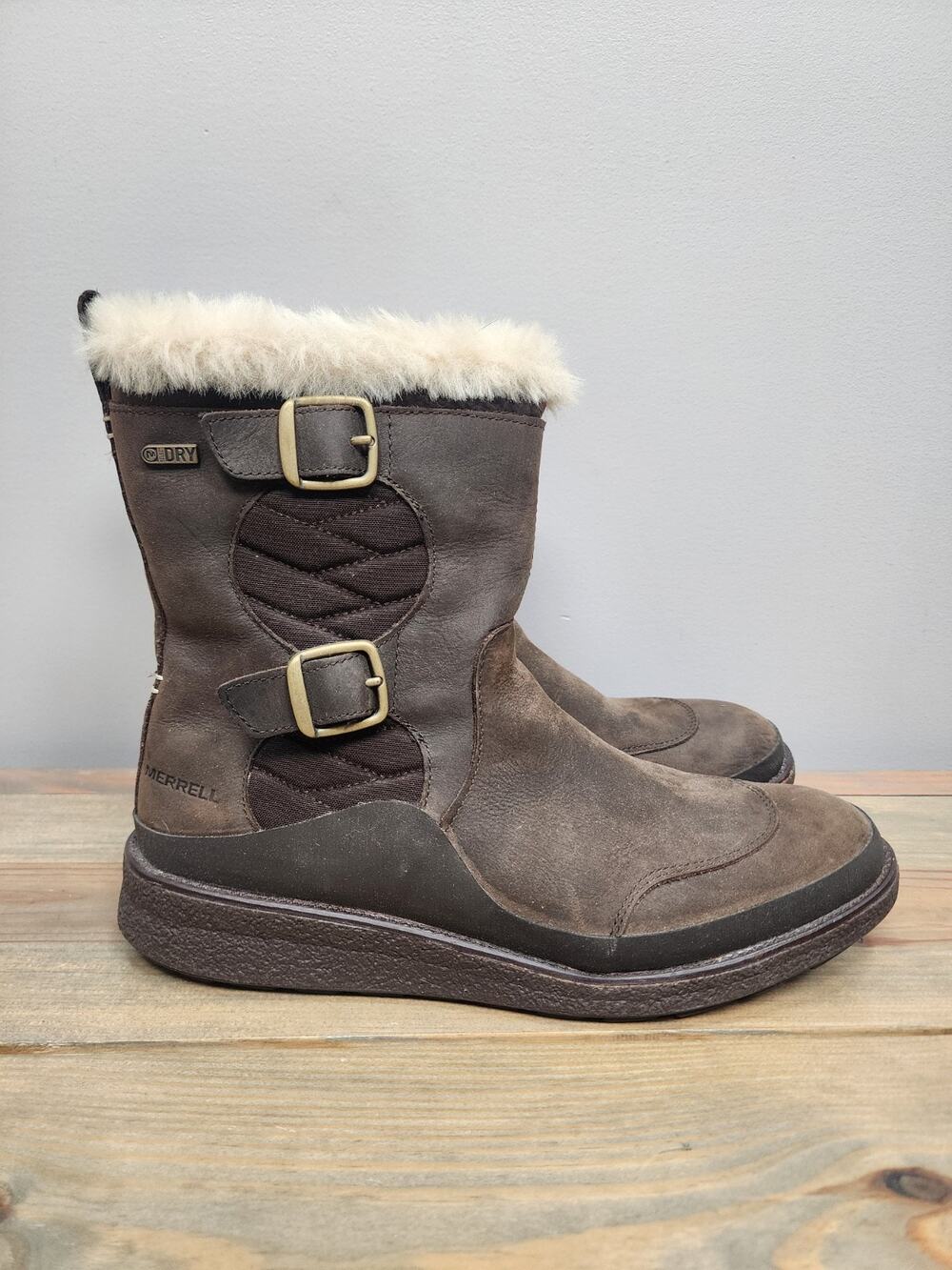 Womens Sz 9 Merrell Tremblant Ezra Buckle Polar Brown Leather Waterproof Boots